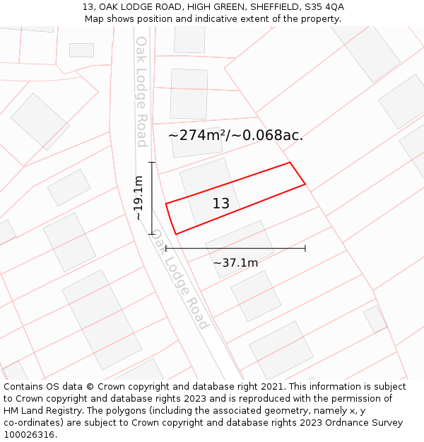 13, OAK LODGE ROAD, HIGH GREEN, SHEFFIELD, S35 4QA: Plot and title map