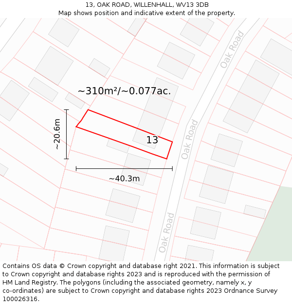 13, OAK ROAD, WILLENHALL, WV13 3DB: Plot and title map