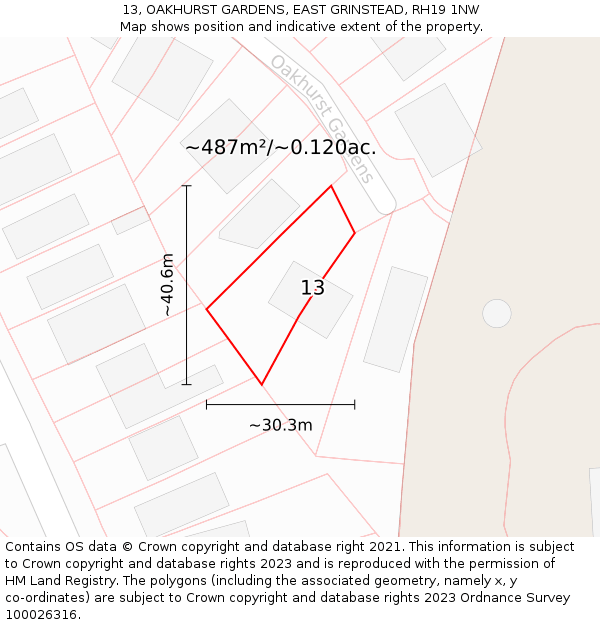 13, OAKHURST GARDENS, EAST GRINSTEAD, RH19 1NW: Plot and title map