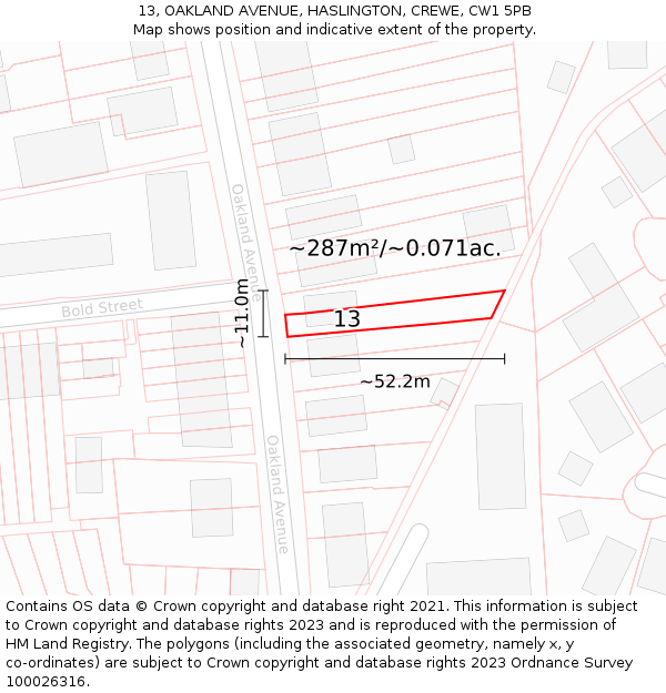13, OAKLAND AVENUE, HASLINGTON, CREWE, CW1 5PB: Plot and title map