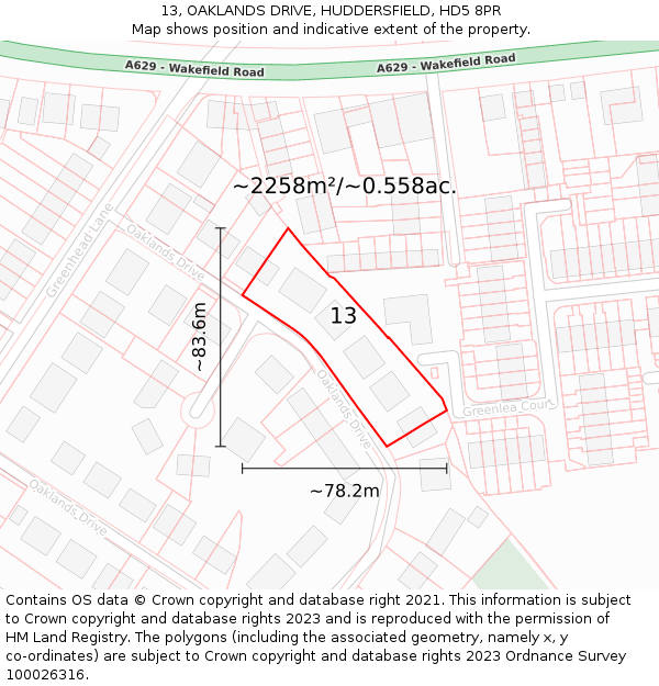 13, OAKLANDS DRIVE, HUDDERSFIELD, HD5 8PR: Plot and title map