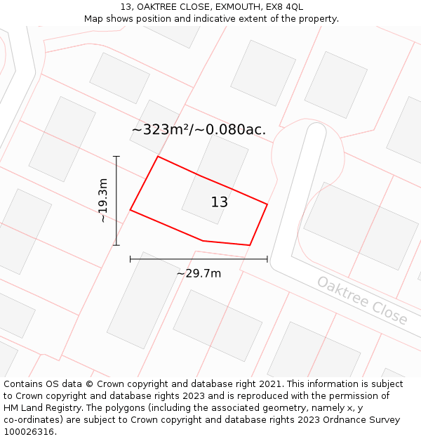 13, OAKTREE CLOSE, EXMOUTH, EX8 4QL: Plot and title map