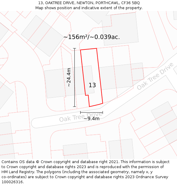 13, OAKTREE DRIVE, NEWTON, PORTHCAWL, CF36 5BQ: Plot and title map