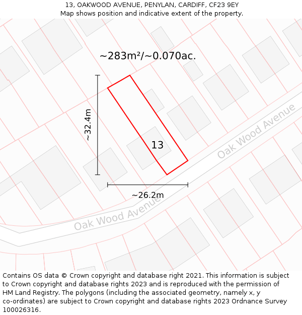 13, OAKWOOD AVENUE, PENYLAN, CARDIFF, CF23 9EY: Plot and title map