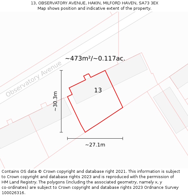 13, OBSERVATORY AVENUE, HAKIN, MILFORD HAVEN, SA73 3EX: Plot and title map