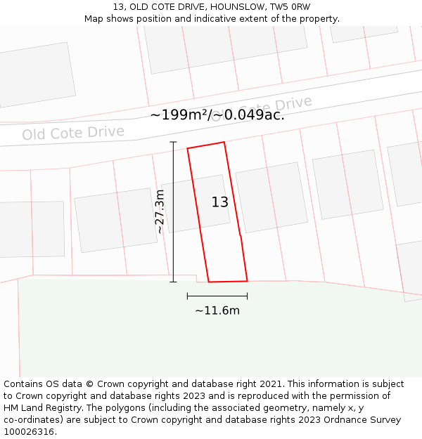 13, OLD COTE DRIVE, HOUNSLOW, TW5 0RW: Plot and title map