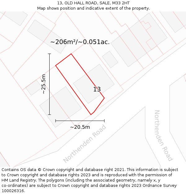 13, OLD HALL ROAD, SALE, M33 2HT: Plot and title map