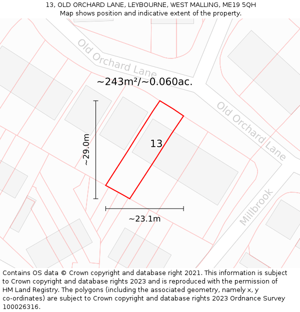 13, OLD ORCHARD LANE, LEYBOURNE, WEST MALLING, ME19 5QH: Plot and title map