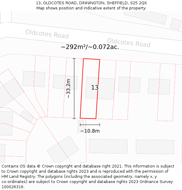 13, OLDCOTES ROAD, DINNINGTON, SHEFFIELD, S25 2QX: Plot and title map