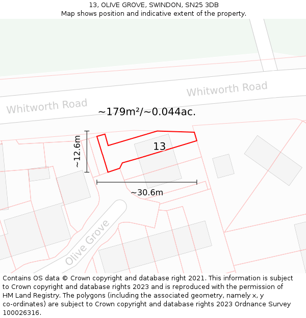 13, OLIVE GROVE, SWINDON, SN25 3DB: Plot and title map
