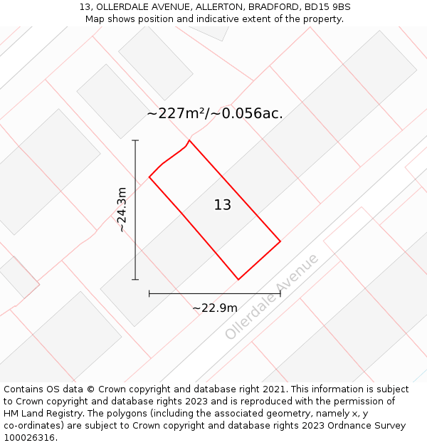 13, OLLERDALE AVENUE, ALLERTON, BRADFORD, BD15 9BS: Plot and title map