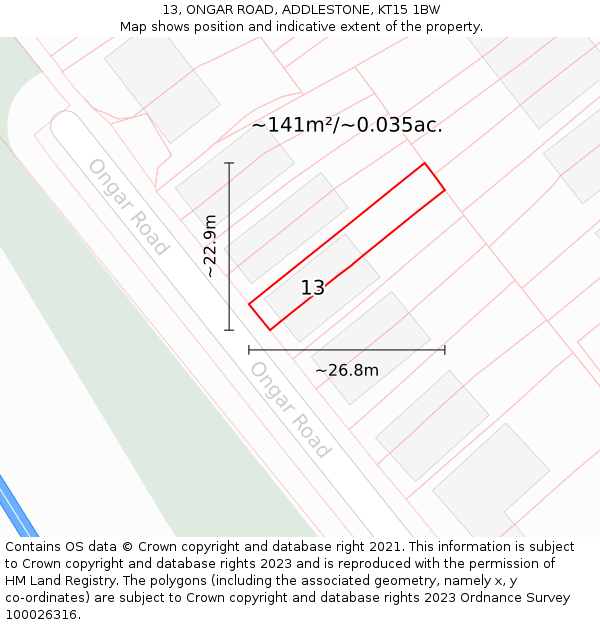 13, ONGAR ROAD, ADDLESTONE, KT15 1BW: Plot and title map