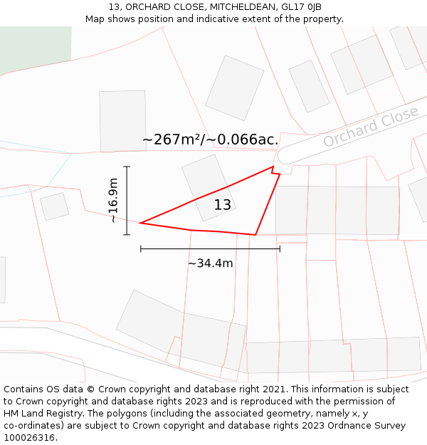 13, ORCHARD CLOSE, MITCHELDEAN, GL17 0JB: Plot and title map