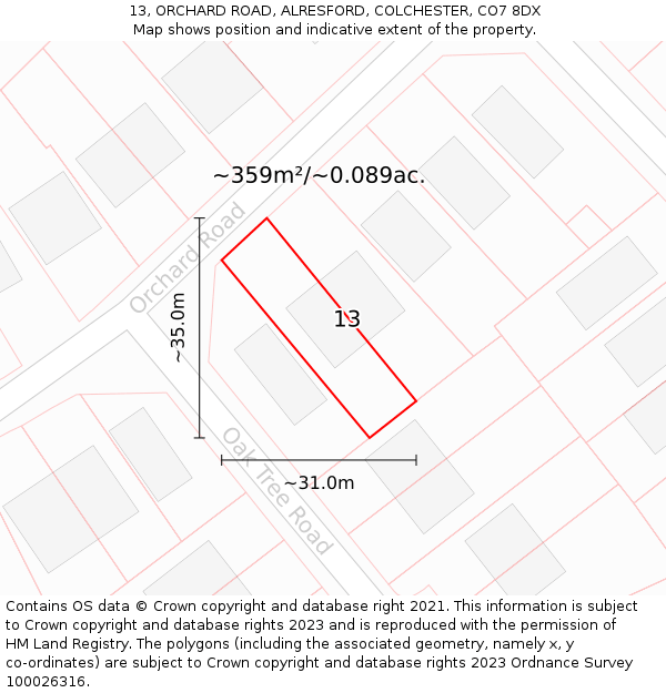 13, ORCHARD ROAD, ALRESFORD, COLCHESTER, CO7 8DX: Plot and title map