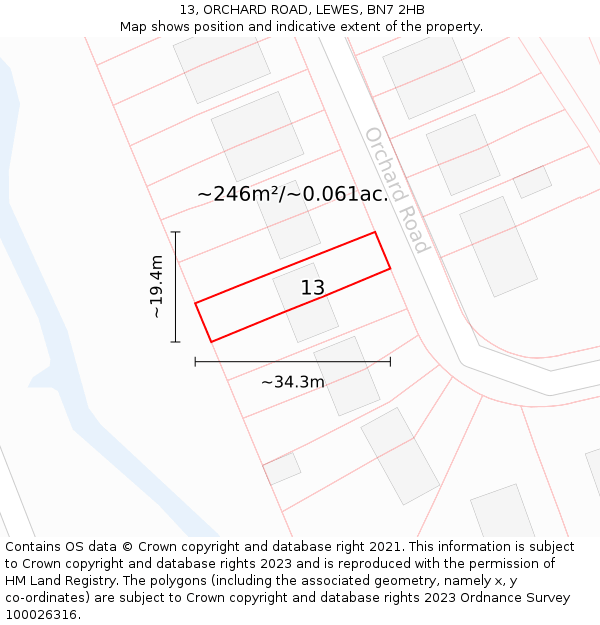 13, ORCHARD ROAD, LEWES, BN7 2HB: Plot and title map