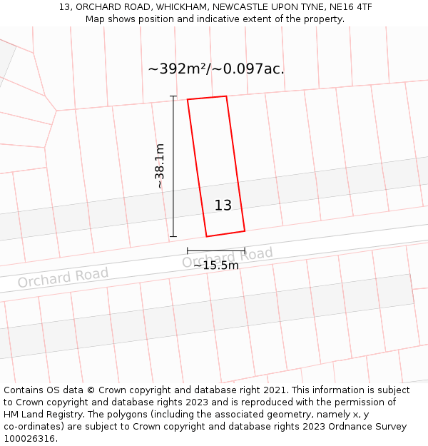 13, ORCHARD ROAD, WHICKHAM, NEWCASTLE UPON TYNE, NE16 4TF: Plot and title map