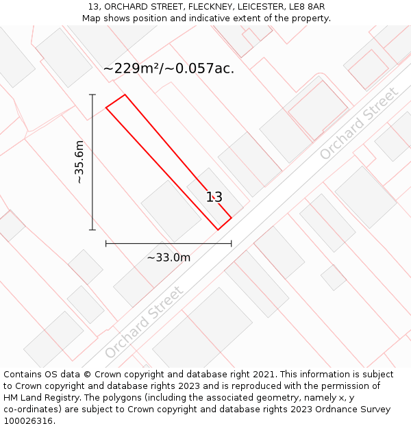 13, ORCHARD STREET, FLECKNEY, LEICESTER, LE8 8AR: Plot and title map