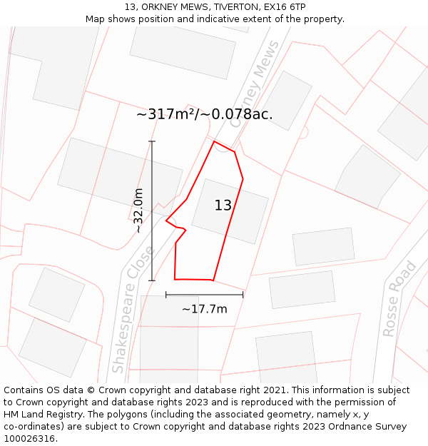 13, ORKNEY MEWS, TIVERTON, EX16 6TP: Plot and title map