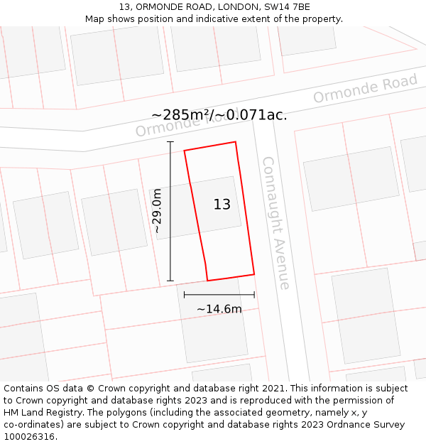 13, ORMONDE ROAD, LONDON, SW14 7BE: Plot and title map