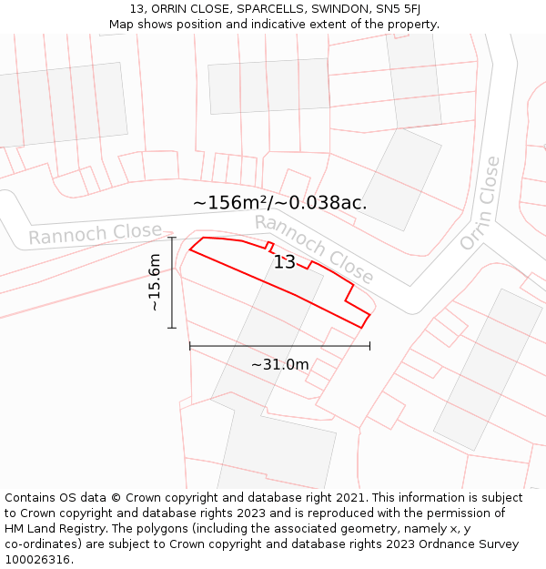 13, ORRIN CLOSE, SPARCELLS, SWINDON, SN5 5FJ: Plot and title map