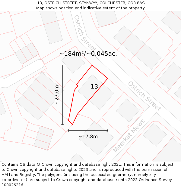 13, OSTRICH STREET, STANWAY, COLCHESTER, CO3 8AS: Plot and title map