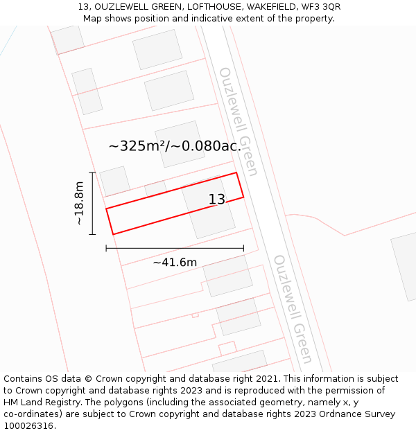 13, OUZLEWELL GREEN, LOFTHOUSE, WAKEFIELD, WF3 3QR: Plot and title map