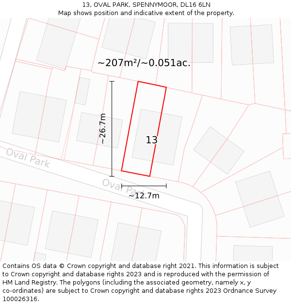 13, OVAL PARK, SPENNYMOOR, DL16 6LN: Plot and title map