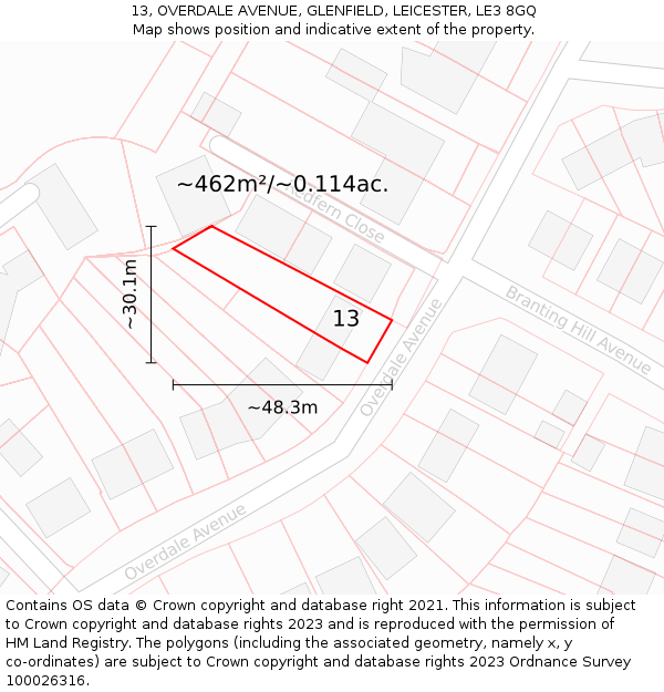 13, OVERDALE AVENUE, GLENFIELD, LEICESTER, LE3 8GQ: Plot and title map