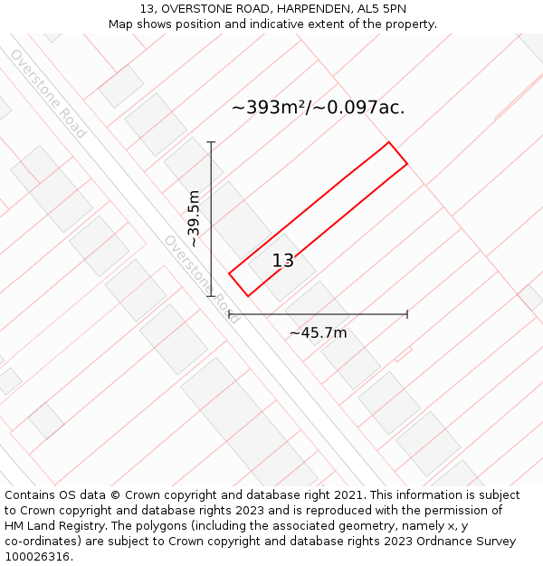 13, OVERSTONE ROAD, HARPENDEN, AL5 5PN: Plot and title map