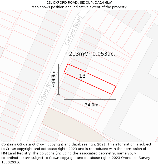 13, OXFORD ROAD, SIDCUP, DA14 6LW: Plot and title map