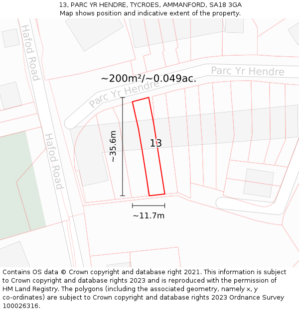 13, PARC YR HENDRE, TYCROES, AMMANFORD, SA18 3GA: Plot and title map