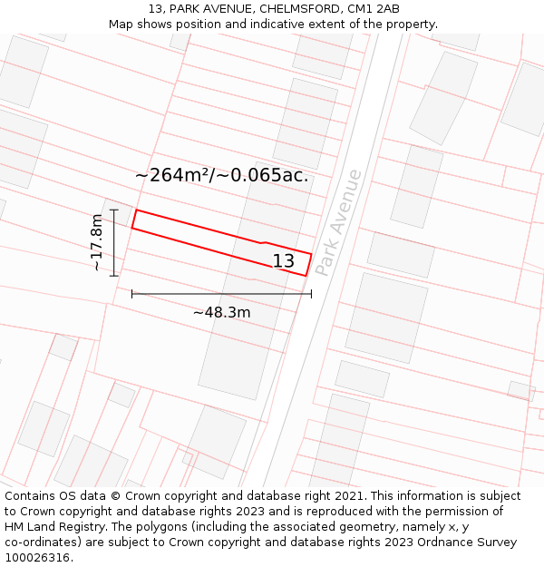 13, PARK AVENUE, CHELMSFORD, CM1 2AB: Plot and title map