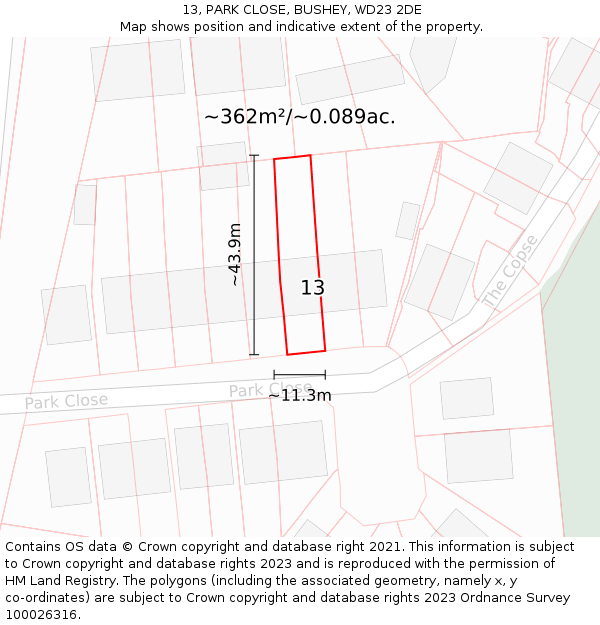 13, PARK CLOSE, BUSHEY, WD23 2DE: Plot and title map