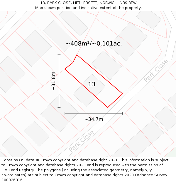13, PARK CLOSE, HETHERSETT, NORWICH, NR9 3EW: Plot and title map