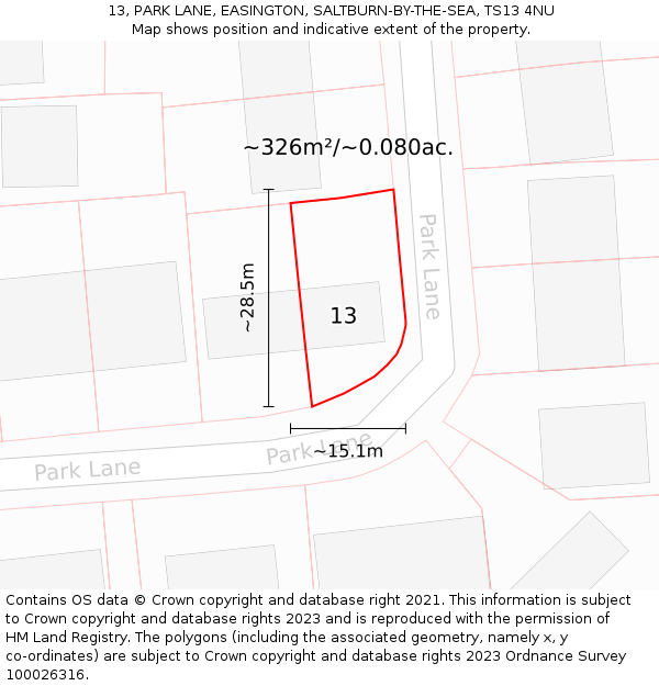 13, PARK LANE, EASINGTON, SALTBURN-BY-THE-SEA, TS13 4NU: Plot and title map