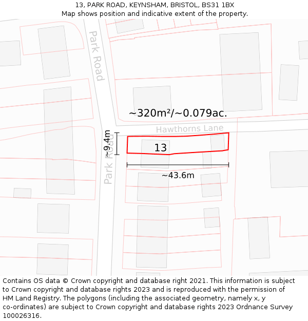 13, PARK ROAD, KEYNSHAM, BRISTOL, BS31 1BX: Plot and title map