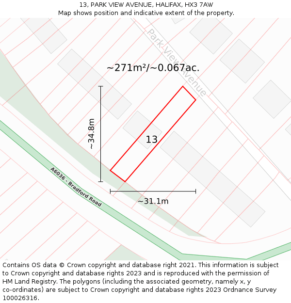 13, PARK VIEW AVENUE, HALIFAX, HX3 7AW: Plot and title map