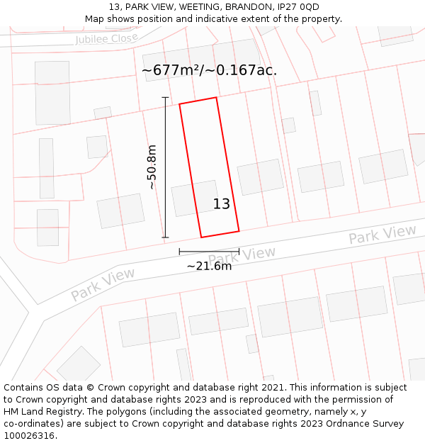 13, PARK VIEW, WEETING, BRANDON, IP27 0QD: Plot and title map