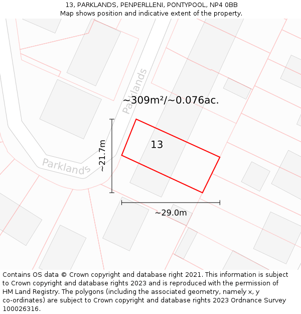 13, PARKLANDS, PENPERLLENI, PONTYPOOL, NP4 0BB: Plot and title map