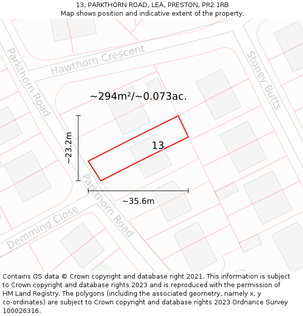 13, PARKTHORN ROAD, LEA, PRESTON, PR2 1RB: Plot and title map