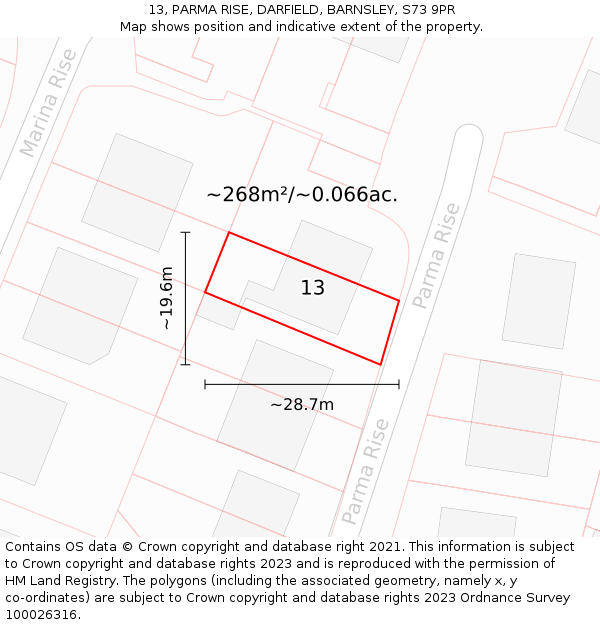 13, PARMA RISE, DARFIELD, BARNSLEY, S73 9PR: Plot and title map