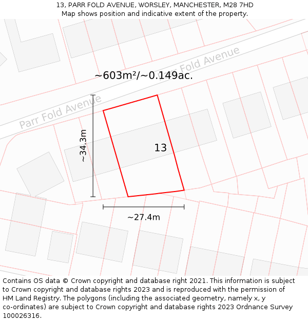 13, PARR FOLD AVENUE, WORSLEY, MANCHESTER, M28 7HD: Plot and title map