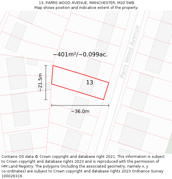13, PARRS WOOD AVENUE, MANCHESTER, M20 5WB: Plot and title map