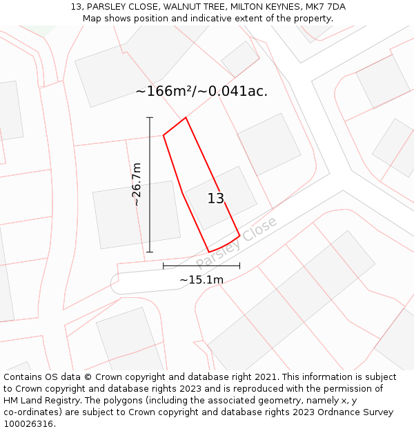 13, PARSLEY CLOSE, WALNUT TREE, MILTON KEYNES, MK7 7DA: Plot and title map