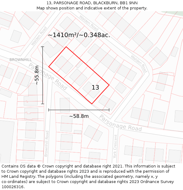 13, PARSONAGE ROAD, BLACKBURN, BB1 9NN: Plot and title map