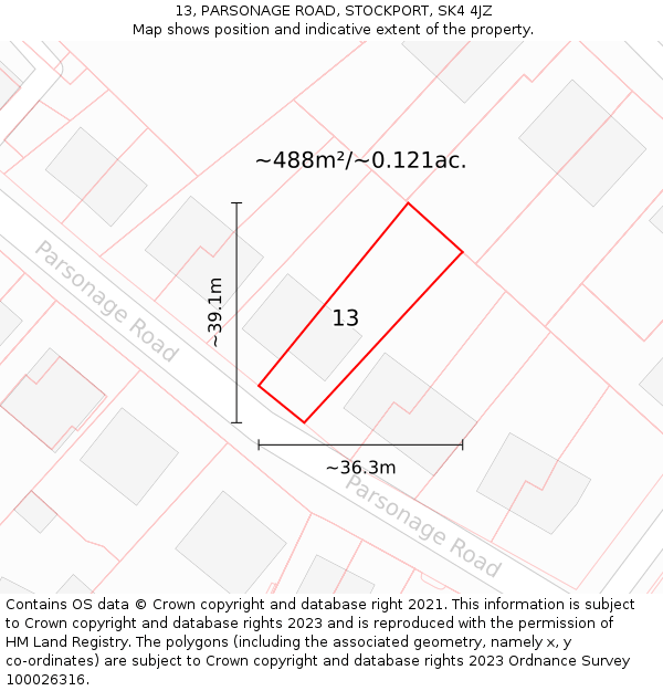 13, PARSONAGE ROAD, STOCKPORT, SK4 4JZ: Plot and title map