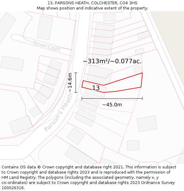 13, PARSONS HEATH, COLCHESTER, CO4 3HS: Plot and title map