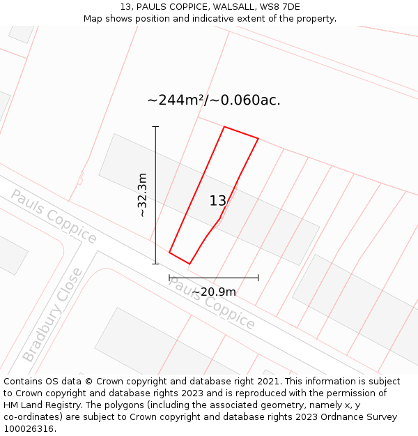 13, PAULS COPPICE, WALSALL, WS8 7DE: Plot and title map
