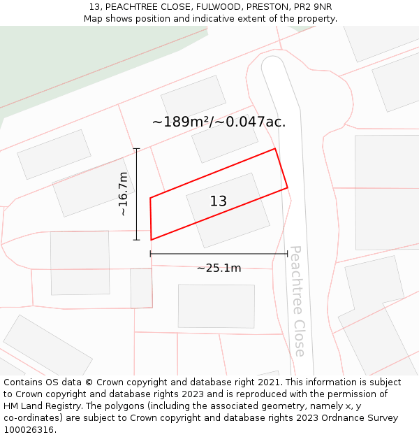 13, PEACHTREE CLOSE, FULWOOD, PRESTON, PR2 9NR: Plot and title map
