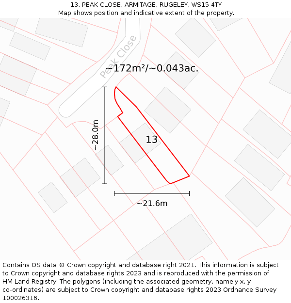 13, PEAK CLOSE, ARMITAGE, RUGELEY, WS15 4TY: Plot and title map